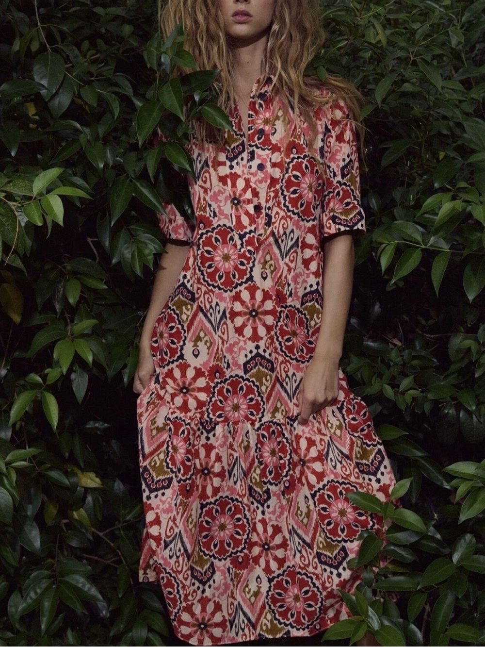 ZARA size XS WOMAN BELTED COTTON PRINTED LONG DRESS